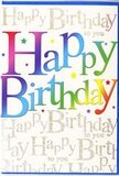 This image features a joyful, contemporary birthday card that could easily sit alongside a fresh bouquet in a Richmond living room flooded with natural light. The design is dominated by the phrase Happy Birthday, printed across the middle in bold, rounded letters that seem to hover just above the surface. Each character is a miniature celebration of colour, shaded in a smooth gradient that drifts from rich crimson and warm raspberry pink through apricot and bright tangerine, then into golden yellow, leafy green, aquatic teal, and deep cobalt blue. The colours flow into one another as gracefully as the seasonal changes you see wandering through Richmond Park, from early blossom to midsummer foliage. These lively letters stand out clearly against a soft, pale backdrop. Filling that background is a layer of repeating cursive text in a fine, metallic gold ink, quietly echoing the words Happy Birthday to you. The script is light, looping, and elegant, almost like handwriting in a cherished journal, and it glimmers subtly, catching the eye in the same gentle way sunlight glances off the Thames near the towpath. The repetition of the script creates a textured, almost musical pattern behind the headline greeting, giving the card depth without making it feel busy. The surface looks smooth and slightly satiny, suggesting a good-weight cardstock that will hold its shape when displayed on a mantelpiece or windowsill. With its harmonious mix of vivid colour and refined gold detail, this card feels ideal for celebrating any age, particularly when paired with a bright hand-tied bouquet delivered across Richmond, Kew, or along the leafy lanes towards Twickenham.