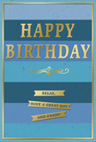 This birthday card captures a mellow, uplifting mood through its carefully balanced combination of cool blue tones and warm golden accents, reminiscent of a peaceful morning wandering through the side streets of Richmond before the day fully begins. The card's surface is divided into wide, even horizontal stripes, each band a slightly different shade of blue, forming a gentle gradient from deep navy to lighter ocean and sky hues. This layered background provides a calm, structured setting for the central message, HAPPY BIRTHDAY, which is embossed in gleaming gold across the middle. The letters stand slightly raised, their metallic finish catching and reflecting light in soft highlights, adding a sense of occasion without any harshness. Directly below, a decorative flourish in matching gold sweeps gracefully from left to right, acting as a visual bridge to the sentiments beneath. Three slender gold banners are lined up under the flourish, each carrying part of an inviting birthday wish: Relax, have a great day and enjoy! The wording feels relaxed and genuine, encouraging the recipient to take time for themselves. A thin gold border runs around the outer edge of the card, framing the composition much like a picture frame around a favourite print. You might imagine this card arranged beside a birthday bouquet on a dining table in a Richmond home, perhaps overlooking a leafy garden or the rooftops near Richmond High Street. The interplay of blue and gold conveys a sense of quiet joy, making this card an ideal companion to fresh flowers when you want your birthday greeting to feel both heartfelt and beautifully composed, with a local, lived-in warmth.
